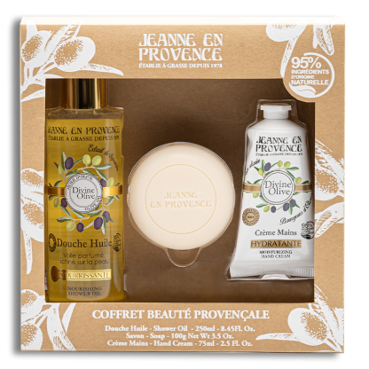 Coffre cadeau beauté provençale Jeanne en Provence Divine Olive savon + Crèmes mains + Huilde de douche
