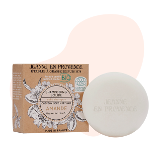 PNG boîte et shampoing solide Amande BIO Jeanne en Provence 75 g made in France tâche en arrière plan